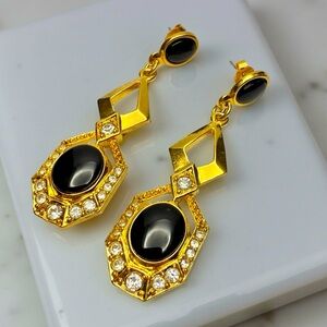 Vintage Avon Gold Tone Black Cabochon Rhinestone Dangle Earrings